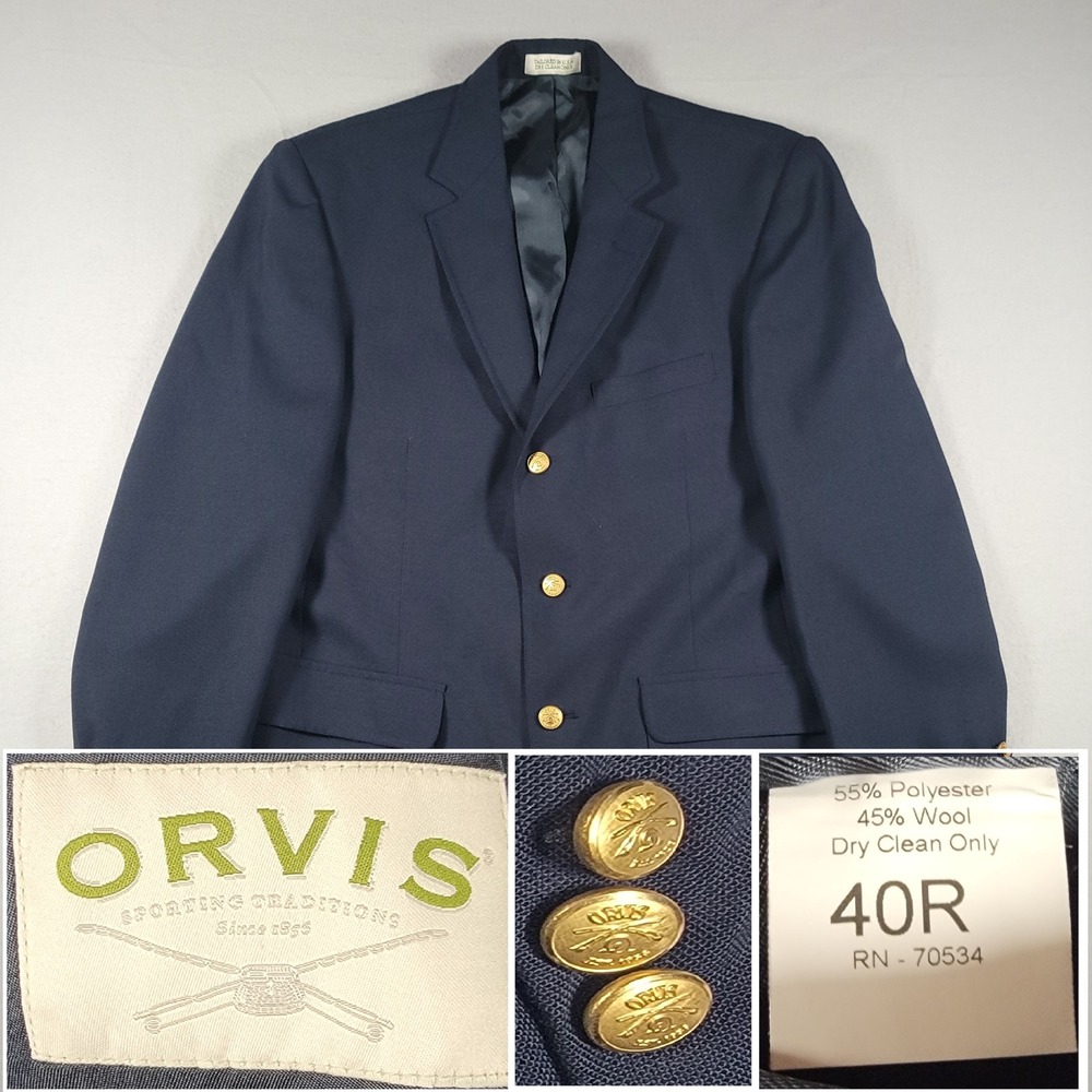 Orvis Sporting Traditions Blazer Sport Coat Mens 40R Navy Blue Wool Blend USA